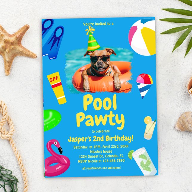 Convite Festa de Piscina de Aniversário do Cachorro Pawty (Puppy Pawty Dog Birthday Pool Party Invitation)