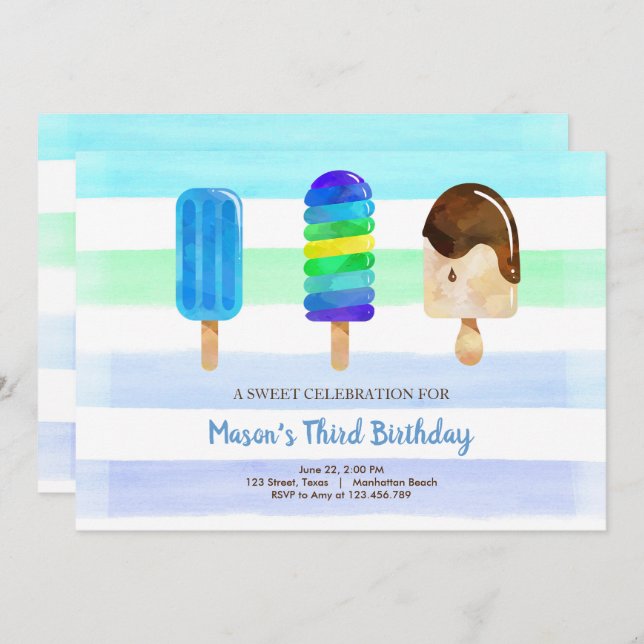 Convite Festa de Piscina de Aniversário do Sorvete (Frente/Verso)