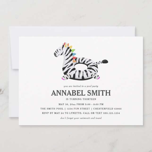 Convite Festa de Piscina de Aniversário do Zebra Float (Frente)