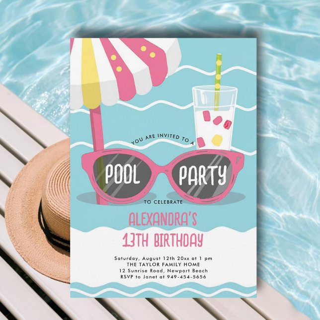 Convite Festa de Piscina de Aniversário Gelado Rosa Óculos (pool birthday party invitations for teens girls tween thirteen sunglasses cute unique cool orange)