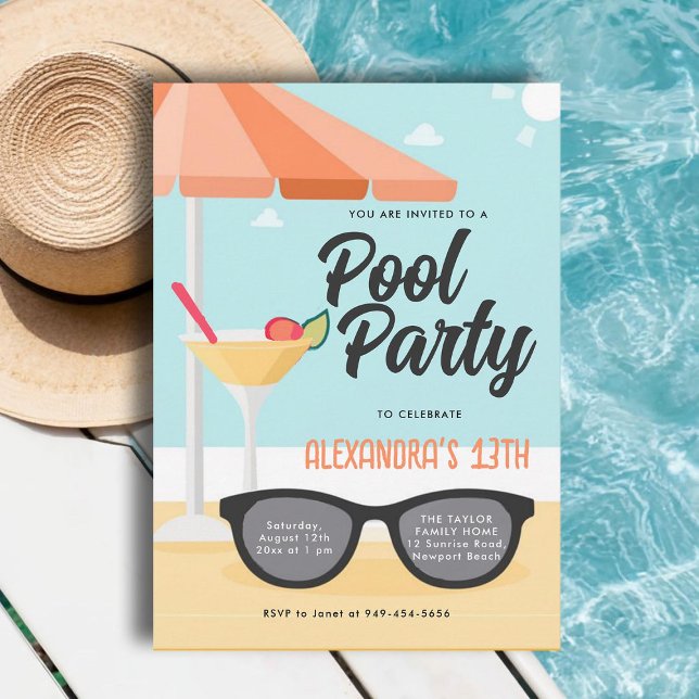 Convite Festa de Piscina de Aniversário Óculos de sol lind (pool birthday party invitations for teens girls tween thirteen sunglasses cute modern cool orange)