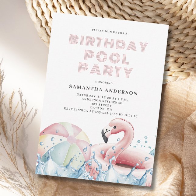 Convite Festa de Piscina de Aniversário Rosa Moderna (Criador carregado)