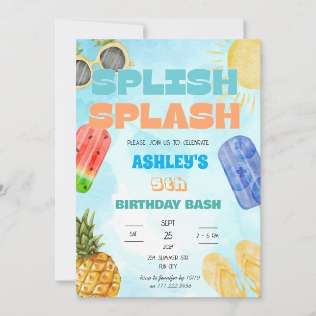 Convite Festa de Piscina de Bash Boy Birthday Splash Splas (Frente)