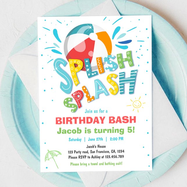 Convite Festa de Piscina de Bash Boy Birthday Splash Splas (Criador carregado)