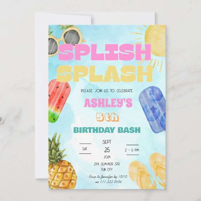 Convite Festa de Piscina de Bash Girl Splash Splash Birthd (Frente)