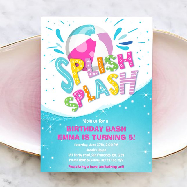 Convite Festa de Piscina de Bash Girl Splash Splash Birthd (Criador carregado)