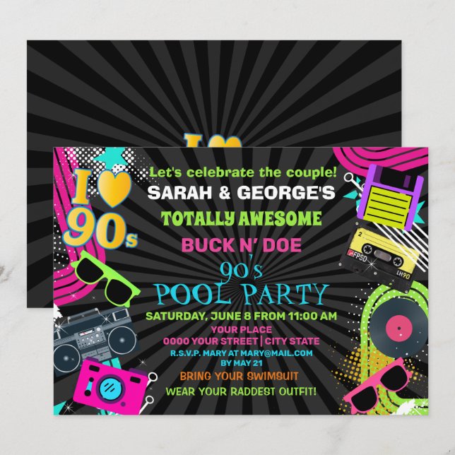 Convite Festa de Piscina de Casais Neon Totalmente Incríve (Frente/Verso)