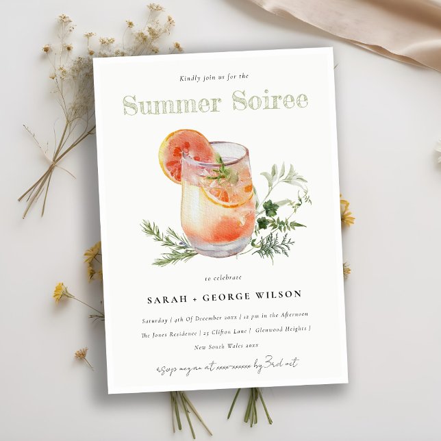 Convite Festa de Piscina de Cocktail Ivory Orange Summer S (Criador carregado)