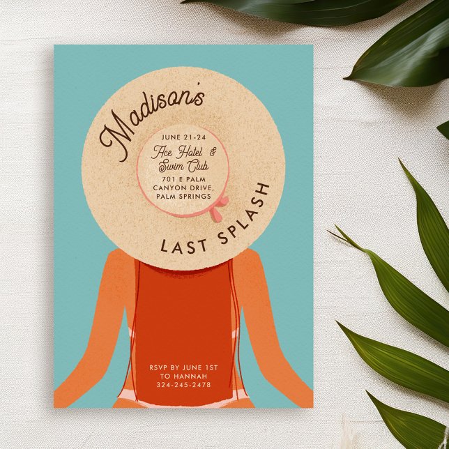 Convite Festa de Piscina de Despedida de Solteira de Cabel (ginger hair and tan skin girl wearing a beach hat - bachelorette pool party invitation)