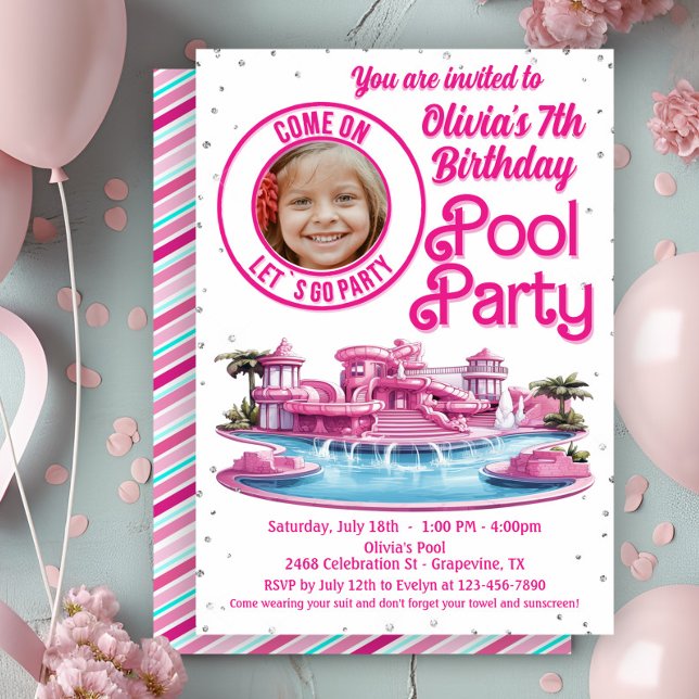 Convite Festa de Piscina de Doll Malibu Rosa (Cute Malibu doll pool party invitation with spot for your photo. Any age - simply add your details.)