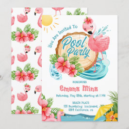Convite Festa de piscina de flamingo rosa em aquarela fofa