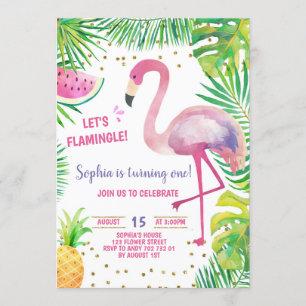 Convite Festa de Piscina de Garota Tropical Flamingo Festa