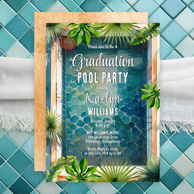 Convite Festa de Piscina de Graduação de Verão de Estilo M (Luxury Mediterranean Style Summer Graduation Pool Party Invitation - Print | Digital Download)