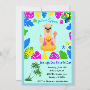 Convite Festa de Piscina de Llama, no verão, personalizada
