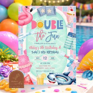 Convite Festa de piscina de menino conjunto de irmãos dobr