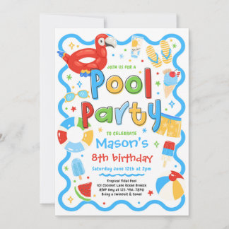 Convite Festa de Piscina de Menino Verão Tropical Natação 