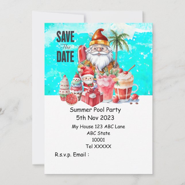 Convite Festa de Piscina de Natal com Bebidas de Papai Noe (Frente)
