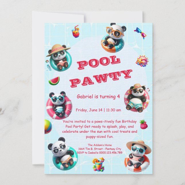 Convite Festa de Piscina de Panda Cuja Festa de Aniversári (Frente)