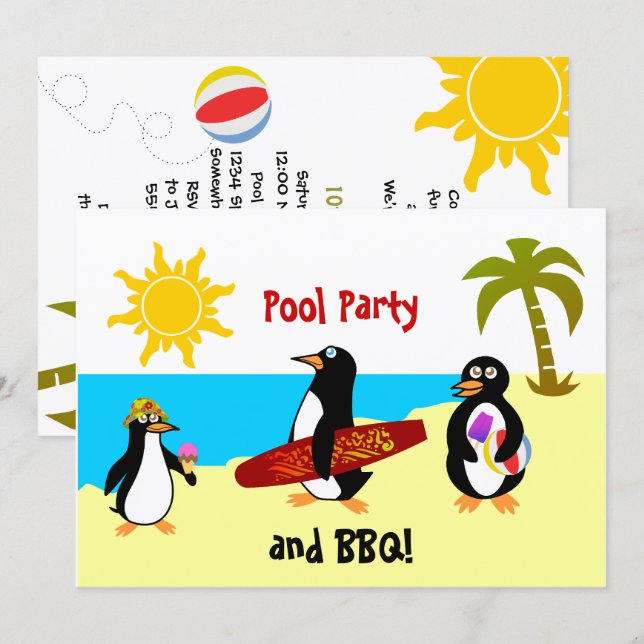 Convite Festa de Piscina de Pinguim/Festa de Praia (Frente/Verso)