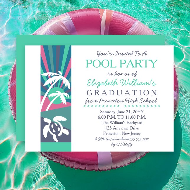 Convite Festa de Piscina de Pós-Graduação em Sunset Retro  (Retro Beach Sunset Graduation Pool Party Invitation - Print | Digital Download)