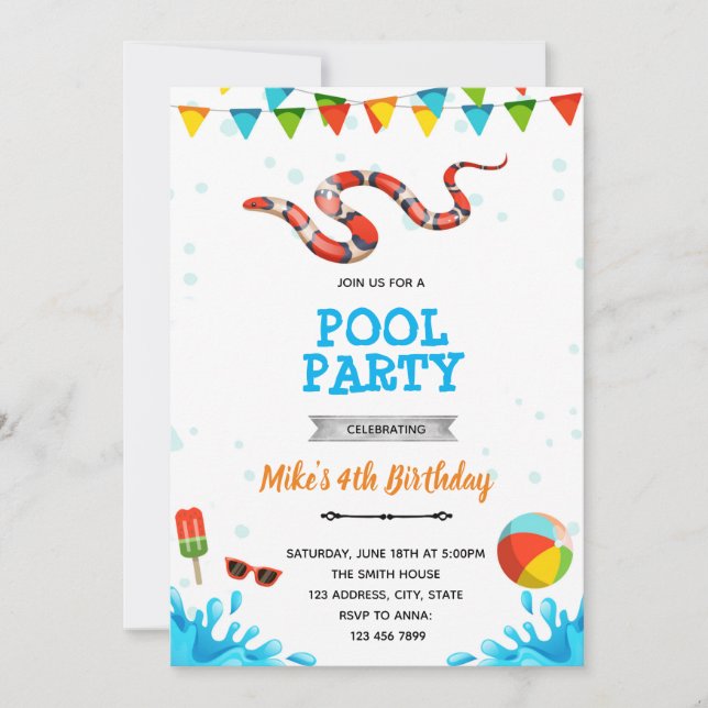 Convite festa de piscina de praia cobra (Frente)