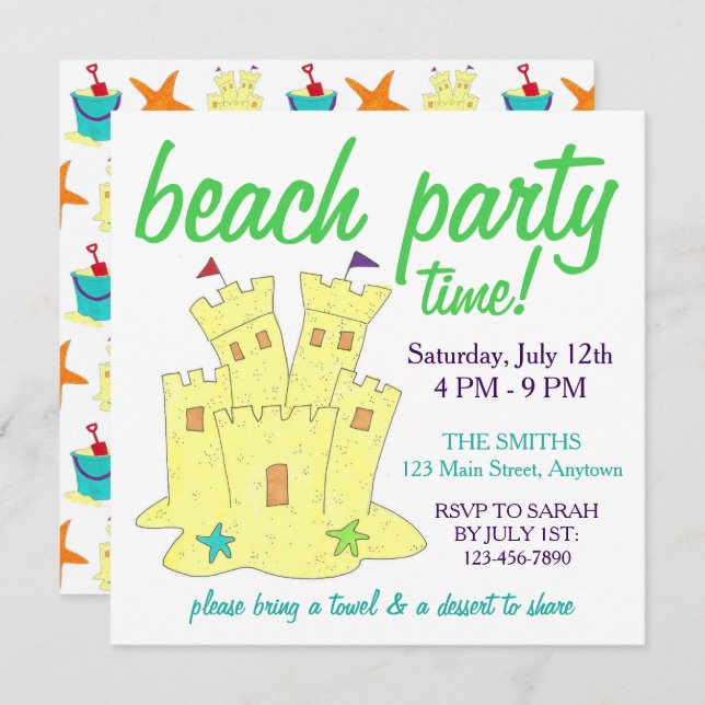 Convite Festa de Piscina de Summer Beach, Sandcastle Starf (Frente/Verso)