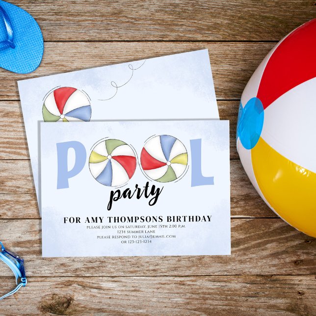 Convite Festa de Piscina de Verão, Balls de praia de anive (Colorful Pool Party Beach Balls Custom Invitations.)