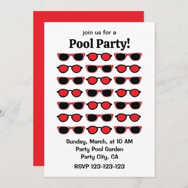 Convite Festa de Piscina de Verão, Black Red Sunglass (Frente/Verso)