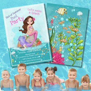 Convite Festa de Piscina de Verão de Sereia Púrpura Brunet