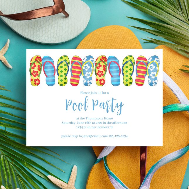 Convite Festa de Piscina de Verão Diversão Personalizada C (Summer pool party whimsical flip flops invitation.)