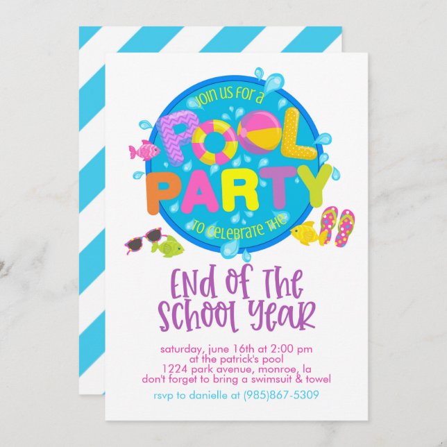 Convite Festa de Piscina de Verão, Festa do Fim do Ano Esc (Frente/Verso)