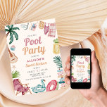 Convite Festa de Piscina de Verão Moderna, de Watercolor,<br><div class="desc">Jogue uma festa de piscina para o doce aniversário de 16 anos da sua filha com este convite legal e chic com elementos de aquarela de verão.</div>