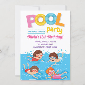 Convite Festa de Piscina de Verão para crianças bonitas An