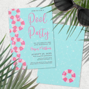 Convite Festa de Piscina de Verão Rosa Aniversário de 16 a