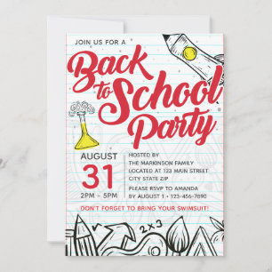 Convite Festa de Piscina de Volta às Aulas Impressão Doodl