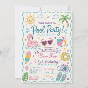 Convite Festa de Piscina Desenhada à Mão Verão Doodle Aniv