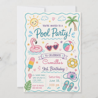 Convite Festa de Piscina Desenhada à Mão Verão Doodle Aniv