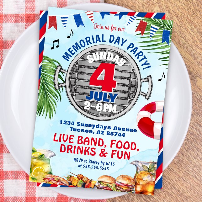 Convite Festa de Piscina do Dia Memorial Vermelho Branco e (Patriotic Red White and Blue Memorial Day 4th of July Birthday Invitation for BBQ Pool Party Invites)