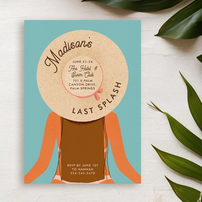 Convite Festa de Piscina do Último Splash Bachelorette (brown hair and tan skin girl wearing a beach hat - bachelorette pool party invitation)
