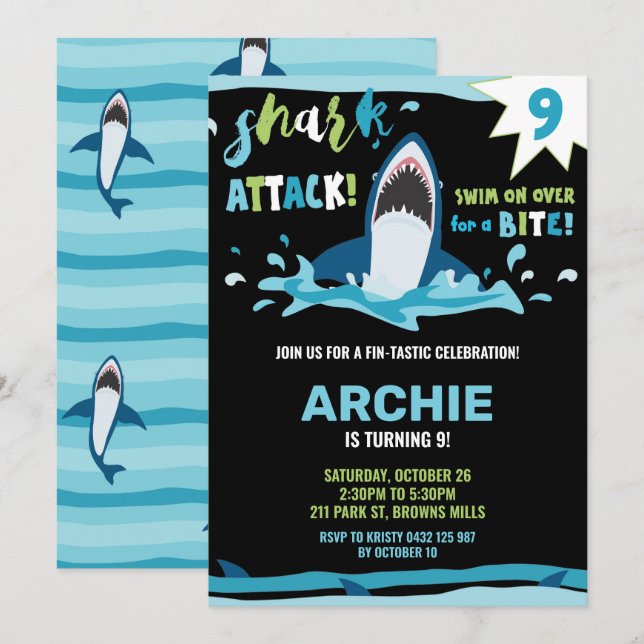 Convite Festa de Piscina dos Shark Boys de Festa de aniver (Frente/Verso)