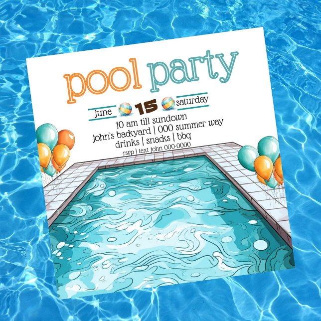 Convite Festa de Piscina e CHURRASCO do quintal em Aqua Bl (Fun and colorful pool party customizable invitation with aqua and orange balloons. )