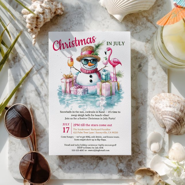 Convite Festa de Piscina Engraçado Snowman Natal em julho (Funny Snowman Pool Party Christmas in July Invitation)