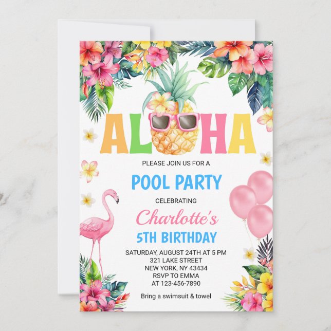 Convite Festa de Piscina Flamingo Abacaxi Tropical Aloha (Frente)