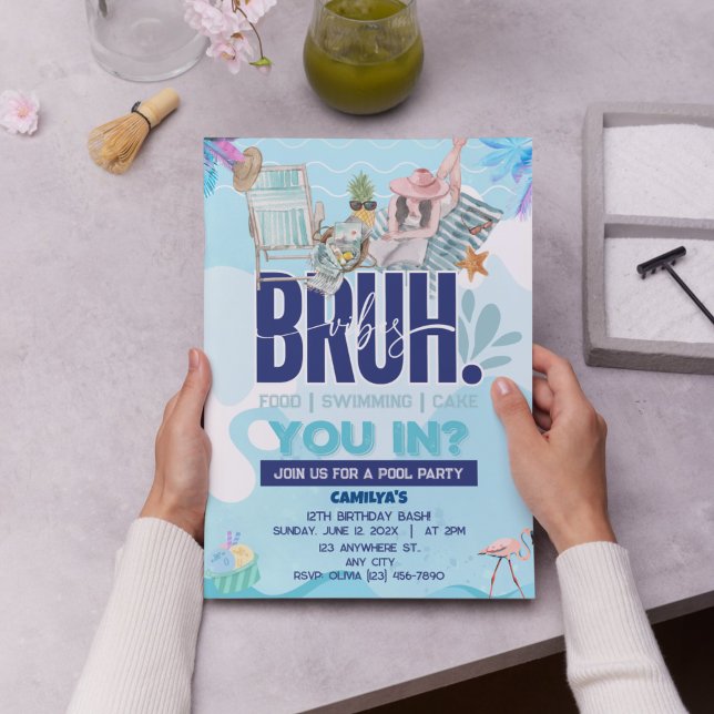 Convite Festa de Piscina IN-CRÍ-VEL para o Cara Mais Legal (BRUH Blue Pool Party Boy Birthday Invitation)