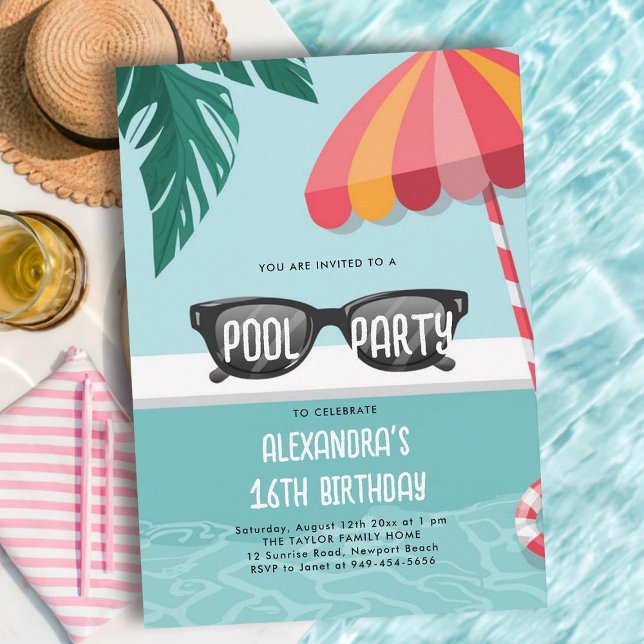 Convite Festa de piscina Moderna de Folha Tropical Fresca  (sweet 16 pool party invitations pink teal tropical leaf modern simple fun cool teen sunglasses cute)