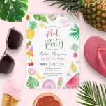 Convite Festa de Piscina Moderna Verão Doce 16 Aniversário<br><div class="desc">Uma festa de piscina moderna e chica no verão temeu o convite de aniversário para dezesseis doces com elementos de cor da água coloridos e divertidos como folhas tropicais, coco, óculos de sol, abacaxi, picolés, conchas, camas, câmera, flores, abacate, melancia, rosquinha, cereja e bebida de coquetel. Ele tem um padrão...</div>
