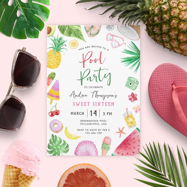 Convite Festa de Piscina Moderna Verão Doce 16 Aniversário (Criador carregado)