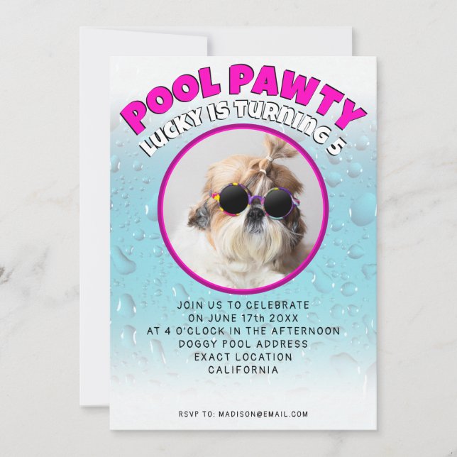 Convite Festa de piscina para cachorro com foto personaliz (Frente)