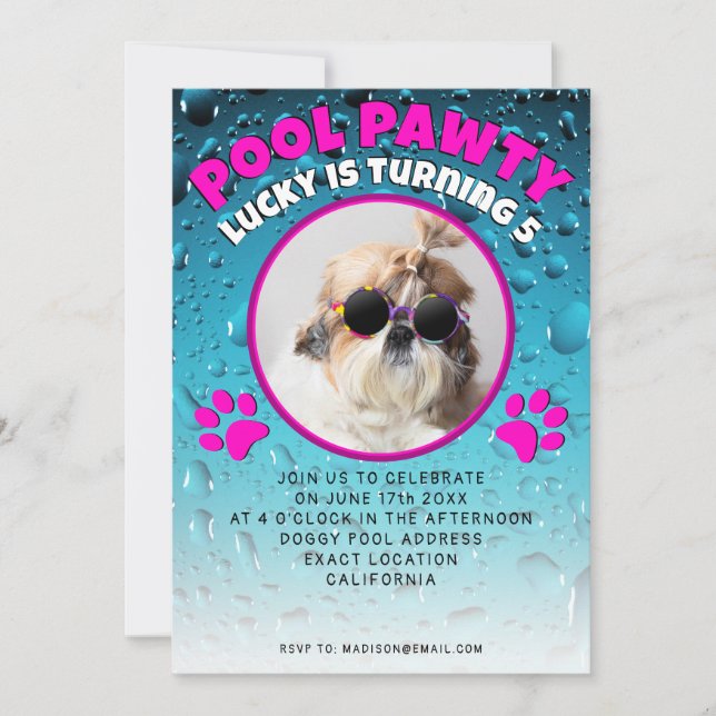 Convite Festa de piscina para cachorro com foto personaliz (Frente)