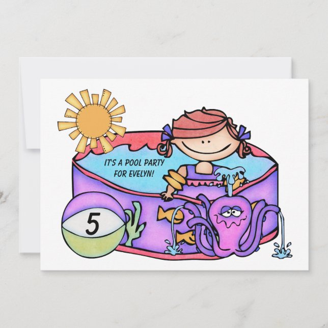 Convite Festa de Piscina para Meninas Praia Nadando Convit (Frente)